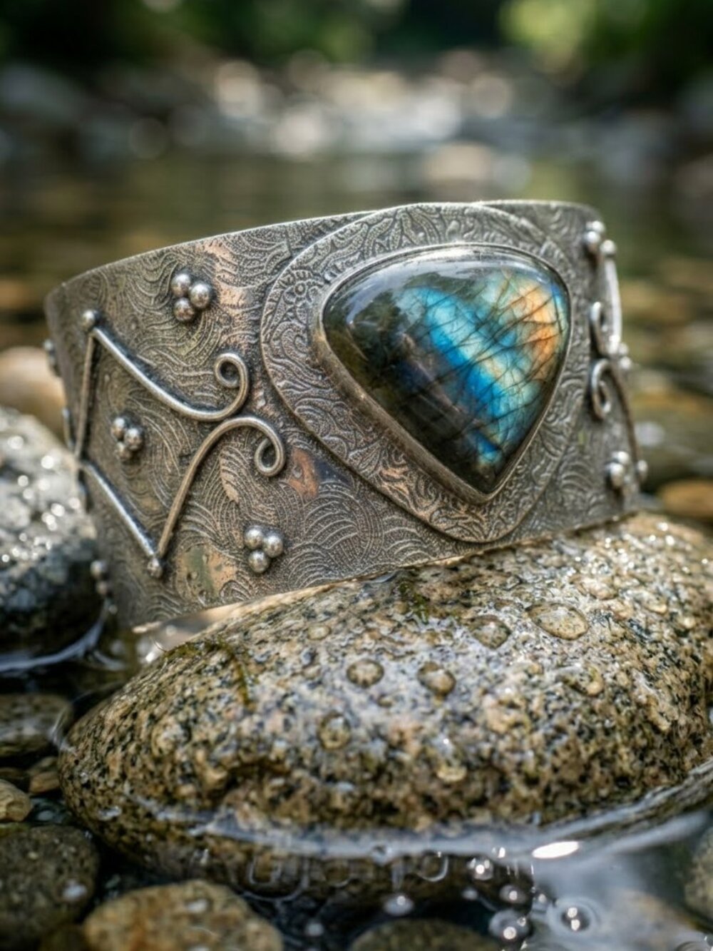 925 Silver Genuine Labradorite Artisanal Wide Open Cuff Bracelet Boho Statement - Picture 10 of 16